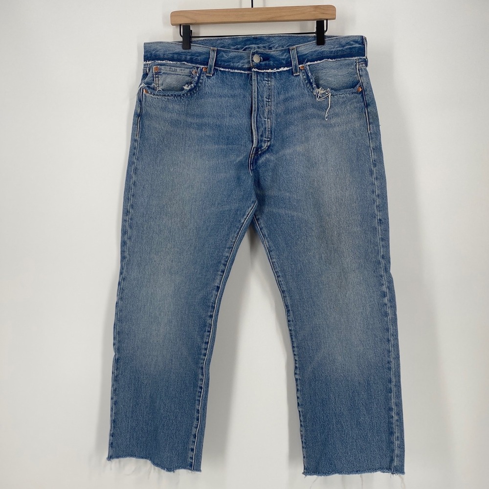 Levis 501 Premium Jeans W36 L30 Blue Distressed Raw Hem Straight Leg READ